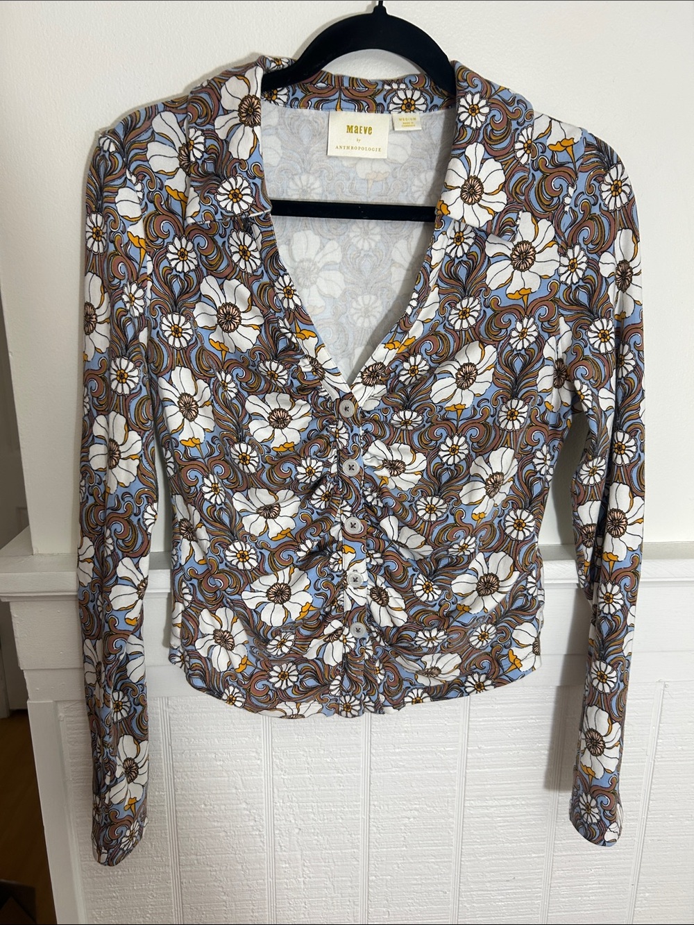 Maeve Anthropologie Retro Floral Ruched Long Sleeve Top size medium